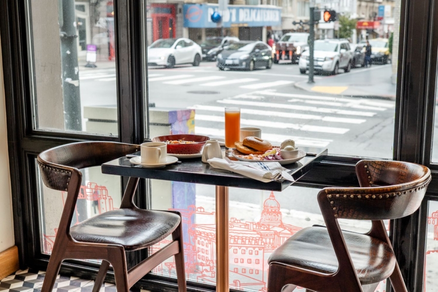 Breakfast at a tabl in front of window at marker union square in san francisco