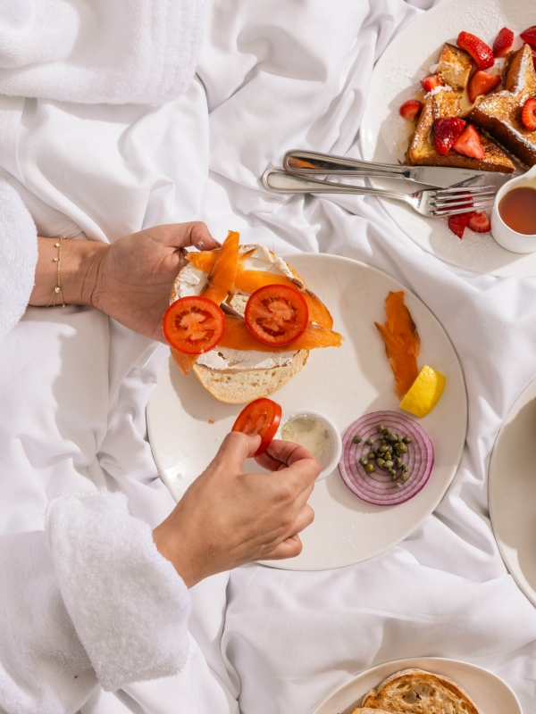 Overhead view of food on a plate at The Marker