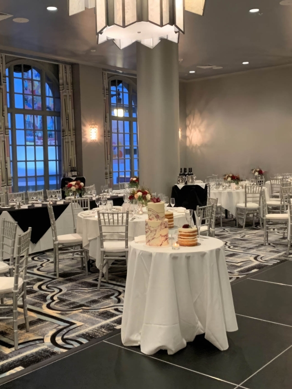 Tabels and chairs set up for a event in the Bellevue ball room at The Marker