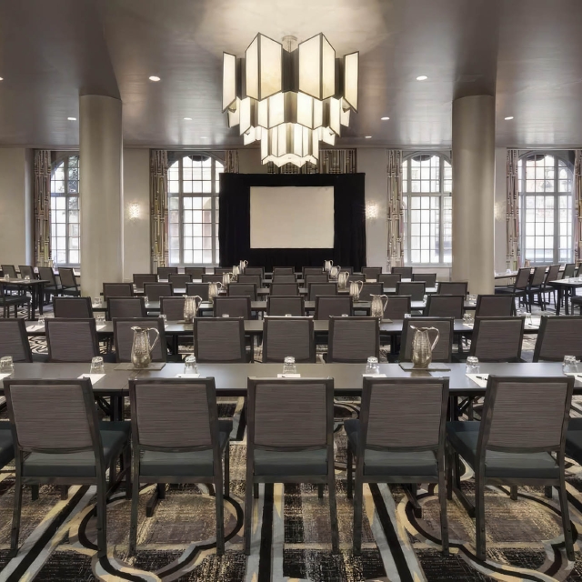 Rows of chairs and tables set up in the Bellevue meeting room at The Marker
