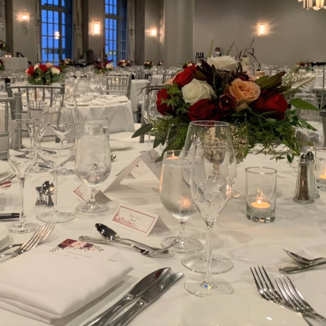 close up of a table set up for a wedding service in the bellevue ballroom at The Marker