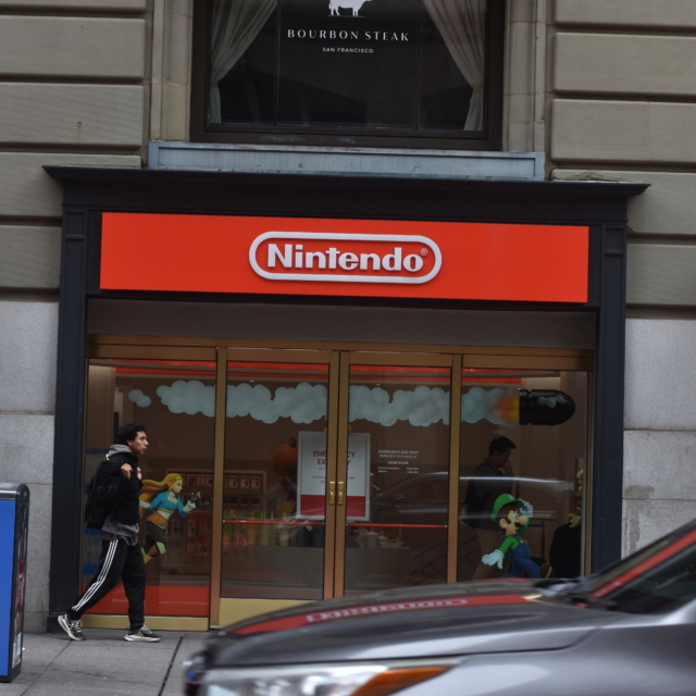 Nintendo store storefront in Union Square, San Francisco, with character decals in the windows